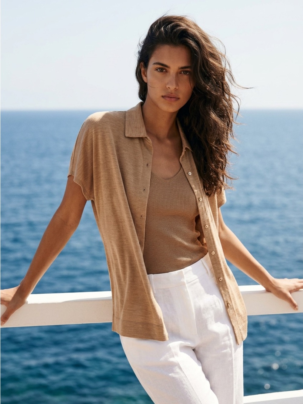 Massimo Dutti Women’s Linen Blend Button-Up Short Sleeve Top  in beige